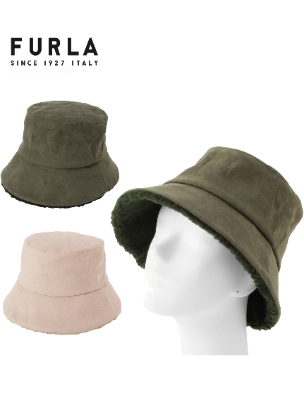 【帽子】フルラ (FURLA) ロゴ刺繍 ムートン調 ボア ハット 小つば 日本製 スエード調（帽子/ハット）の詳細画像