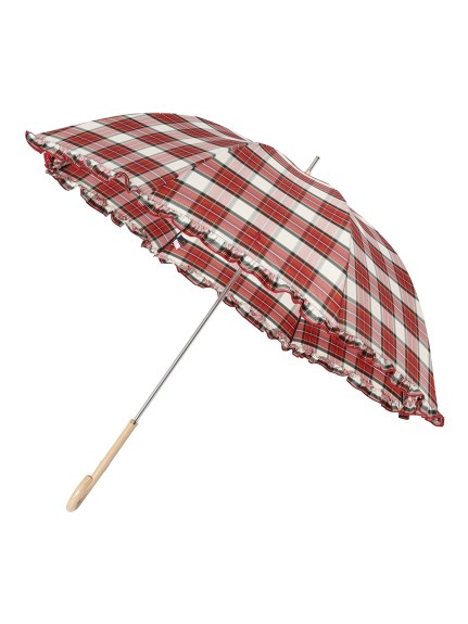 【雨傘】ポロ ラルフ ローレン(POLO RALPH LAUREN) チェック フリル 長傘 ロゴ ワンポイント刺繍 ツイル生地