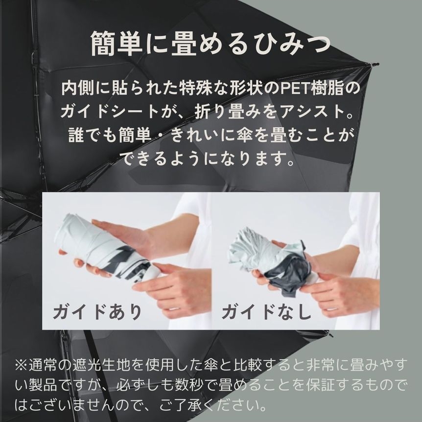 簡単に畳めるひみつ 内側に貼られた特殊な形状のPET樹脂のガイドシートが、折り畳みをアシスト。
