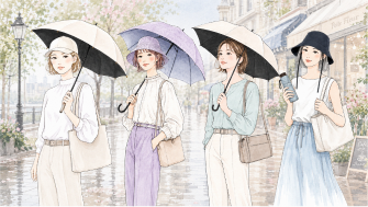 日傘をさして街を歩く4人のイラスト