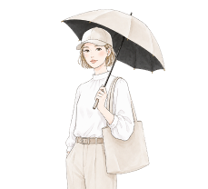 完全遮光の日傘とキャップで顔まわりまで守る女性のイラスト