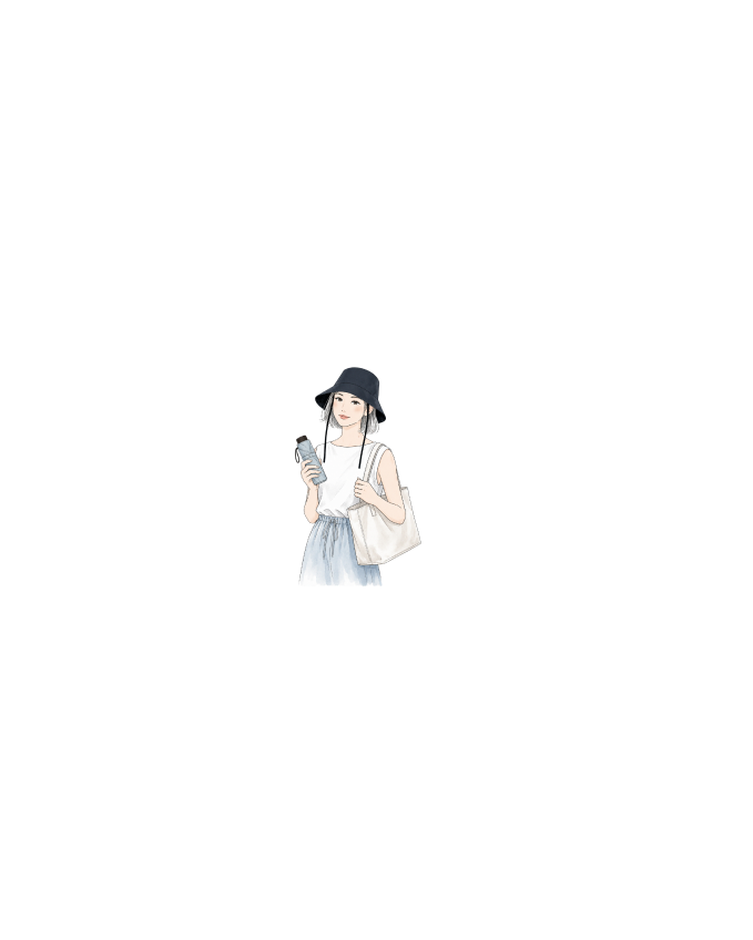 軽量コンパクトな折りたたみ日傘とトートバッグを持つ女性のイラスト